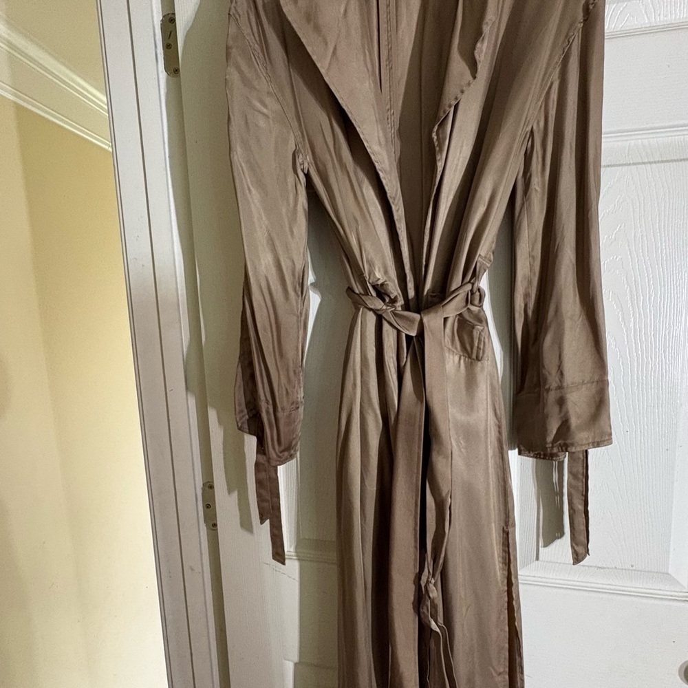 Long Taupe Satin Wrap Trench Coat